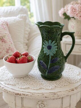 Vintage Green Majolica-Style Daisy Ceramic Pitcher Vase 7”
